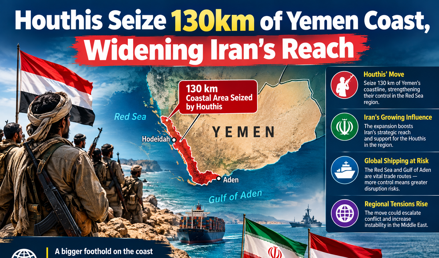 Houthis Seize 130km of Yemen Coast, Widening Iran's Reach