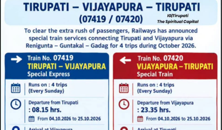 Tirupati-Vijayapura Special Train Service Announced for October