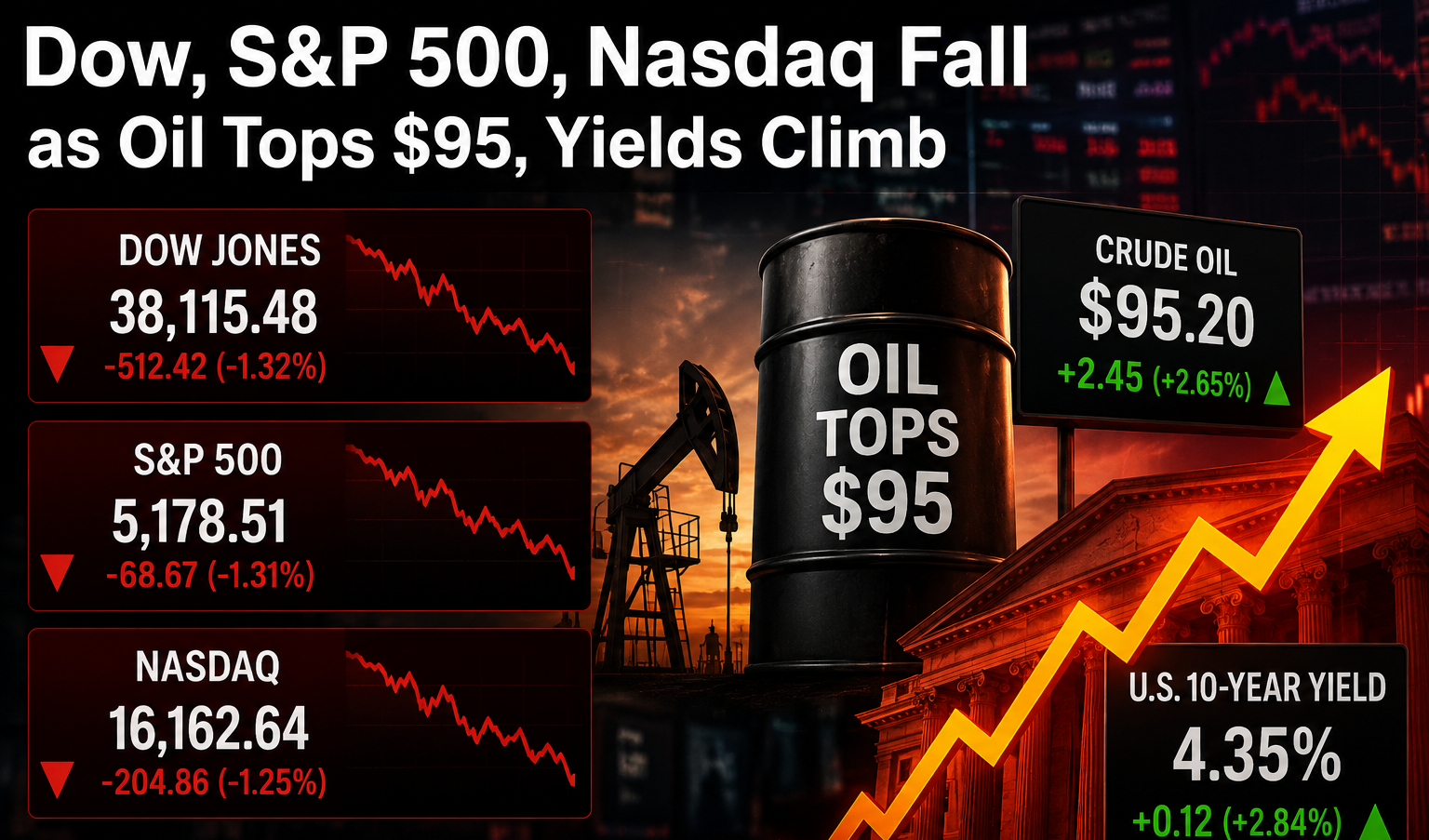 Dow, S&P 500, Nasdaq Fall as Oil Tops $95, Yields Climb